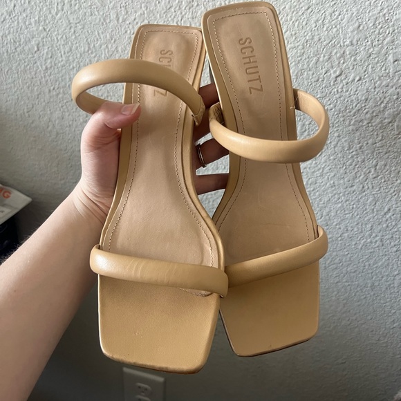 Schutz | Tan Minimalist Block Heel Sandals - Picture 5 of 7
